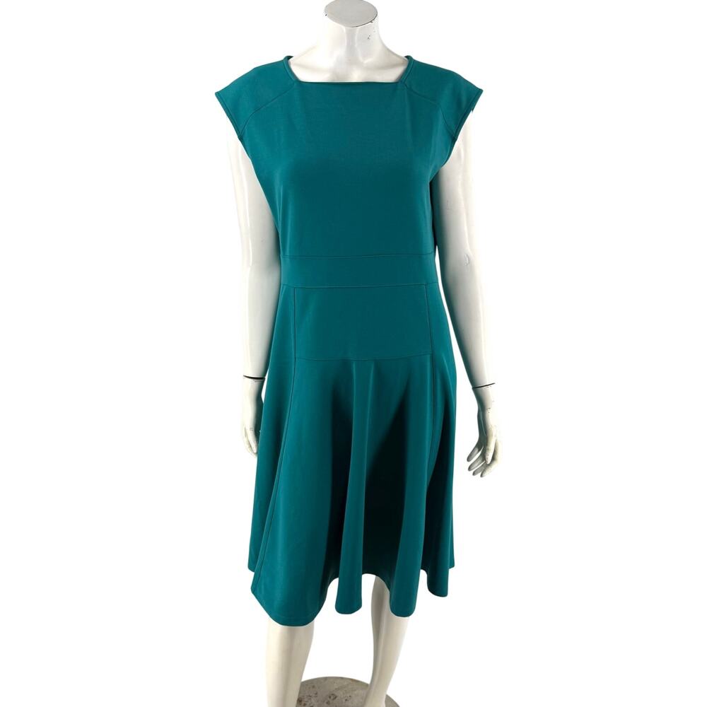 Lands End Dress Size XL (18) Teal Green Solid Fit Flare Square Neck Cap Sleeve